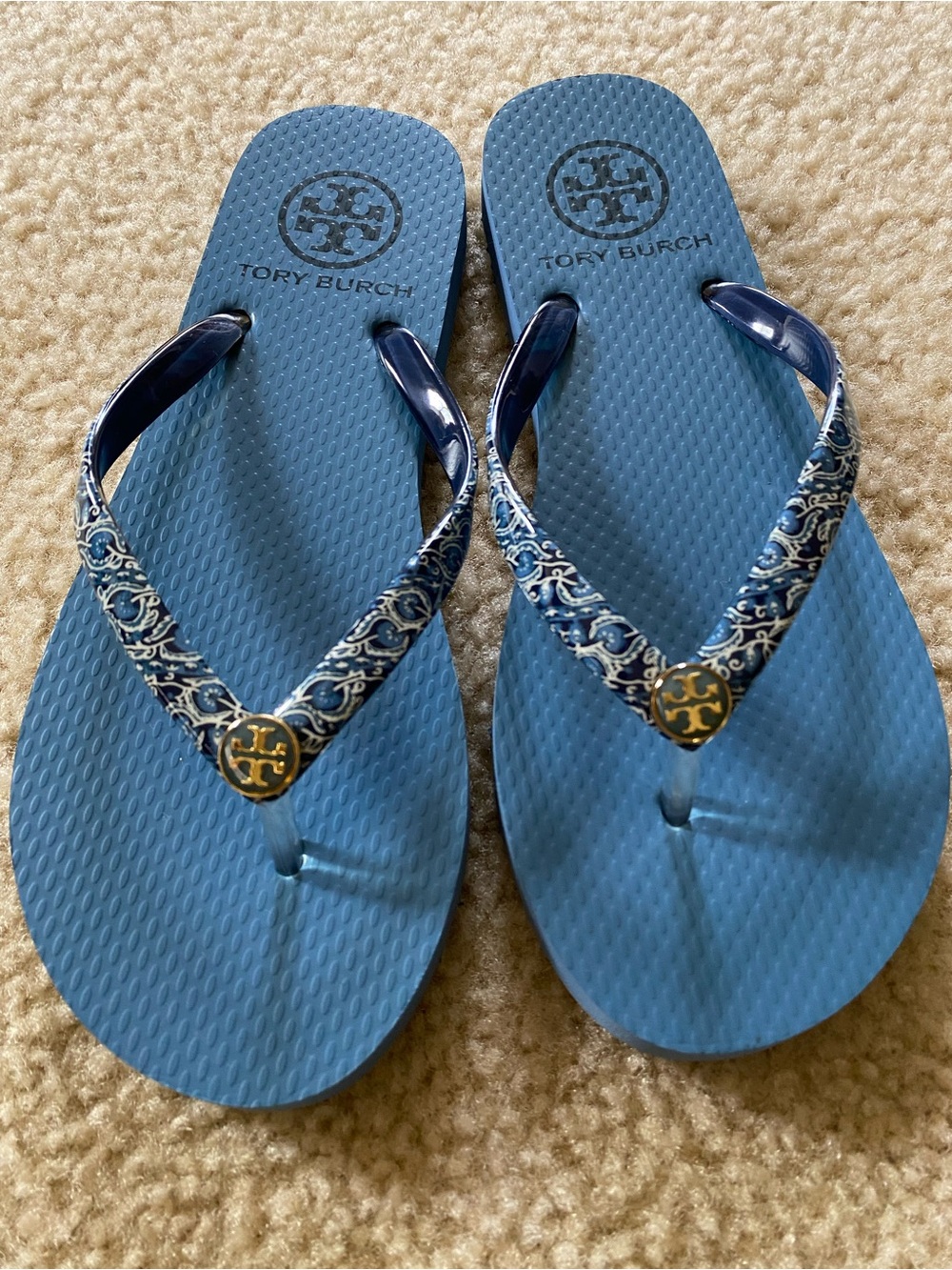 Tory Burch Blue Patterned Strap Logo Flip Flop Sandals